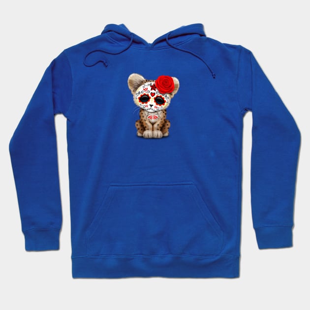 Red Day of the Dead Sugar Skull Leopard Cub Hoodie by jeffbartels